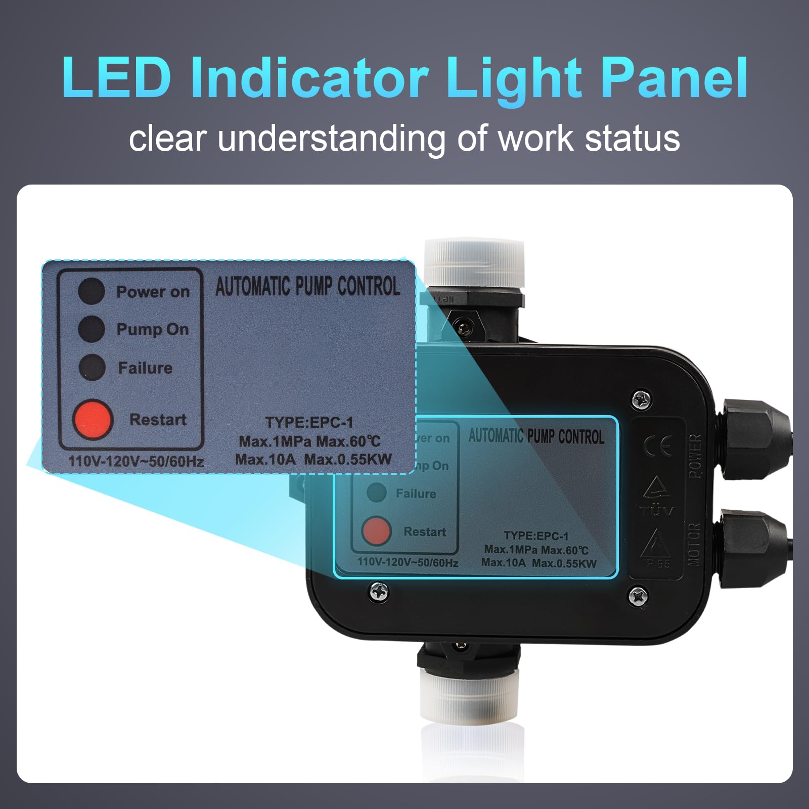 Smart Pump Controller With Digital Display – 2 Modes, BSPP G1 Thread, IP65 Waterproof, Adjustable Pressure 0.5-6.7 Bar, 2.2KW Max