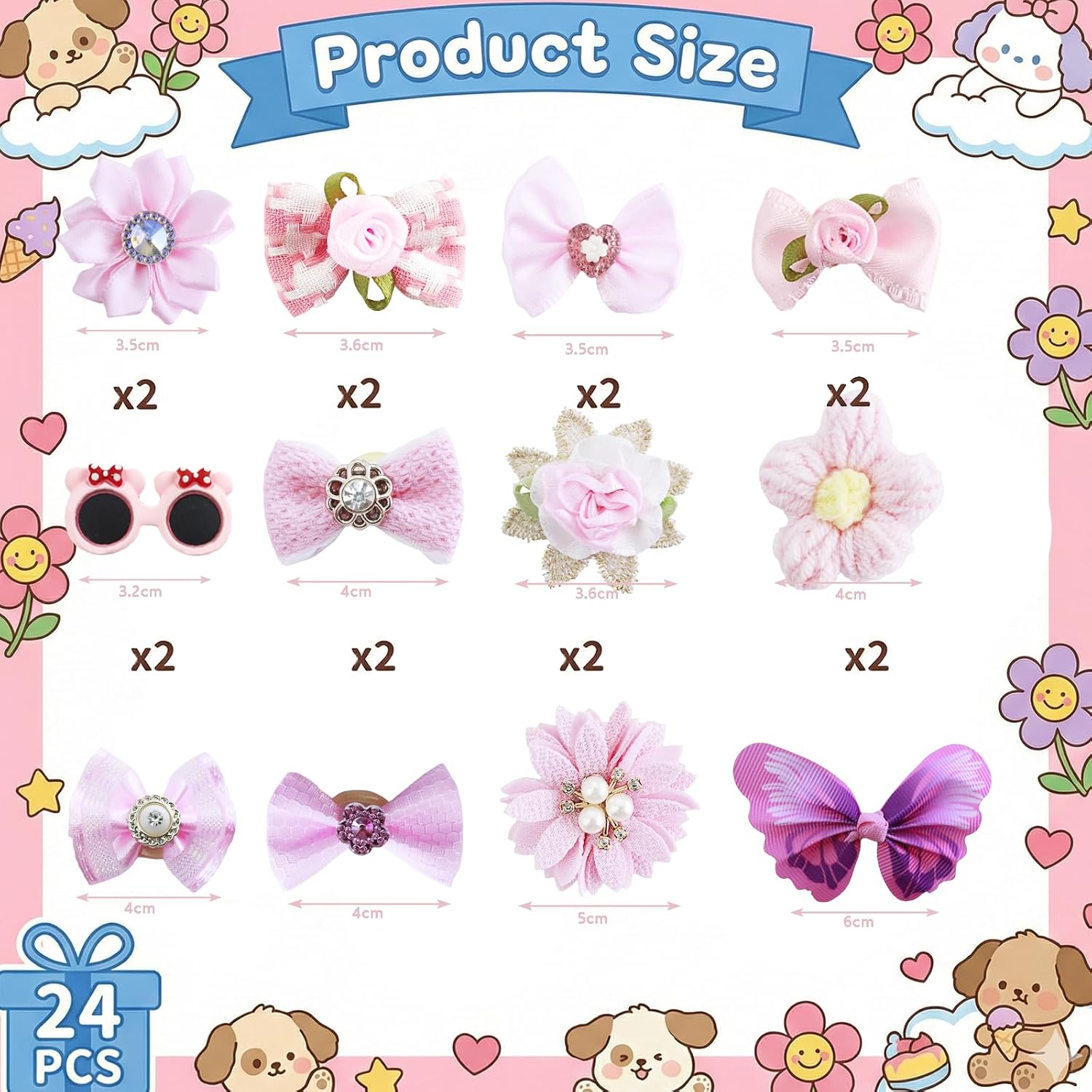 24 Pcs Dog Hair Bows with Rubber Bands, Cute Pink and Purple Puppy Hair Accessories with Polka Dots & Plaid, Fashionable Grooming Bows with Rhinestone Pearls for Small Dogs Cats(Pink) image 2