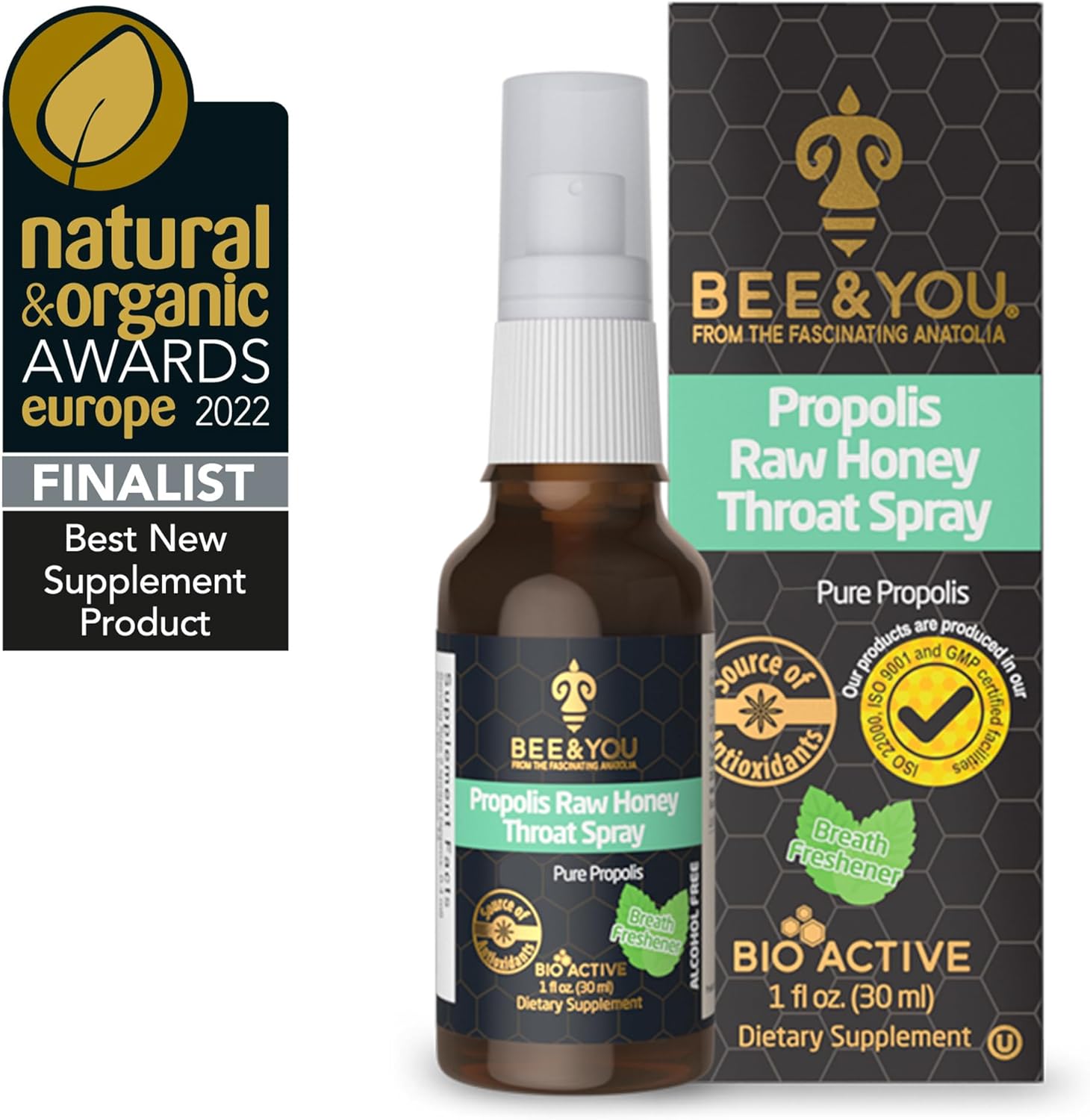 BEE and You Bundle: Royal Jelly Bee Pollen Propolis Extract Tablets and Pure Propolis Raw Honey Throat Spray, Immune Support, Superfood, Antioxidants