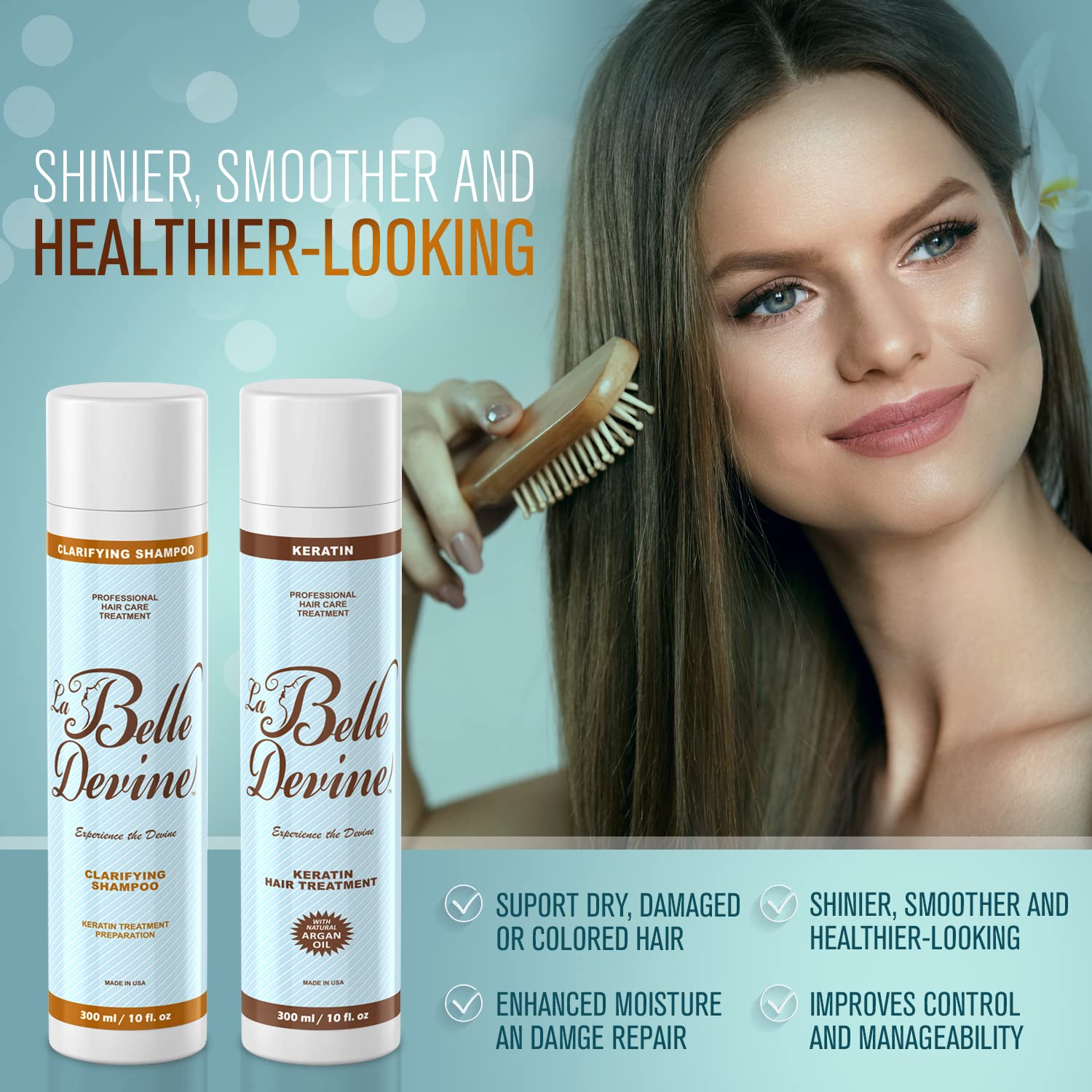 Keratin Hair Treatment and Clarifying Shampoo- Blowout Hair Treatment by La Belle Devine | Brazilian Keratin to Straighten Hair with Argan Oil | Professional Hair Straightener for Women Hair (Hair Treatment and Shampoo (Pack of 2))