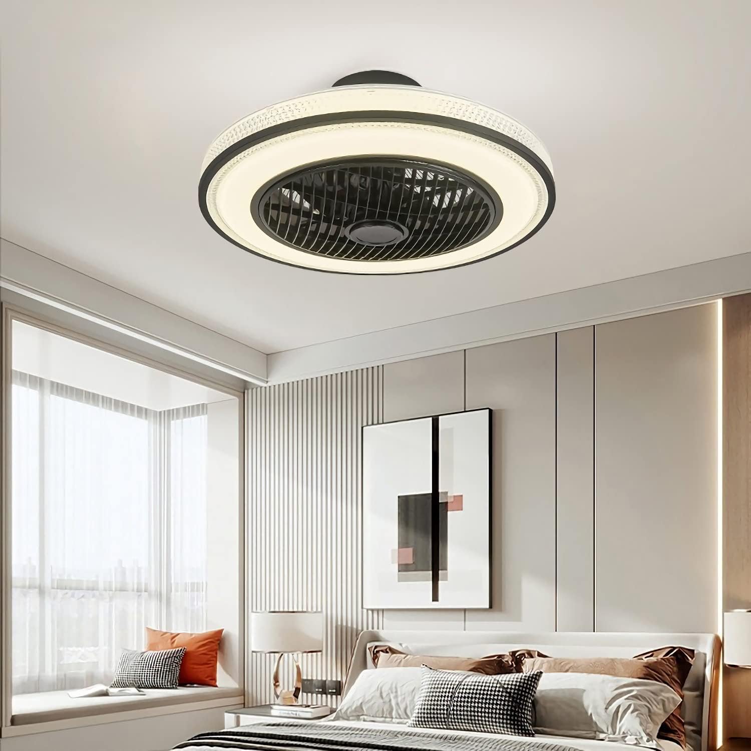 YUEGOO Ceiling Fans with Lamps,Silent Ceiling Fan with Light and Remote Control Adjustable 6 Wind Speeds 3 Colour Lights for Living Room Bedroom Winter/Summer Function with Timer App