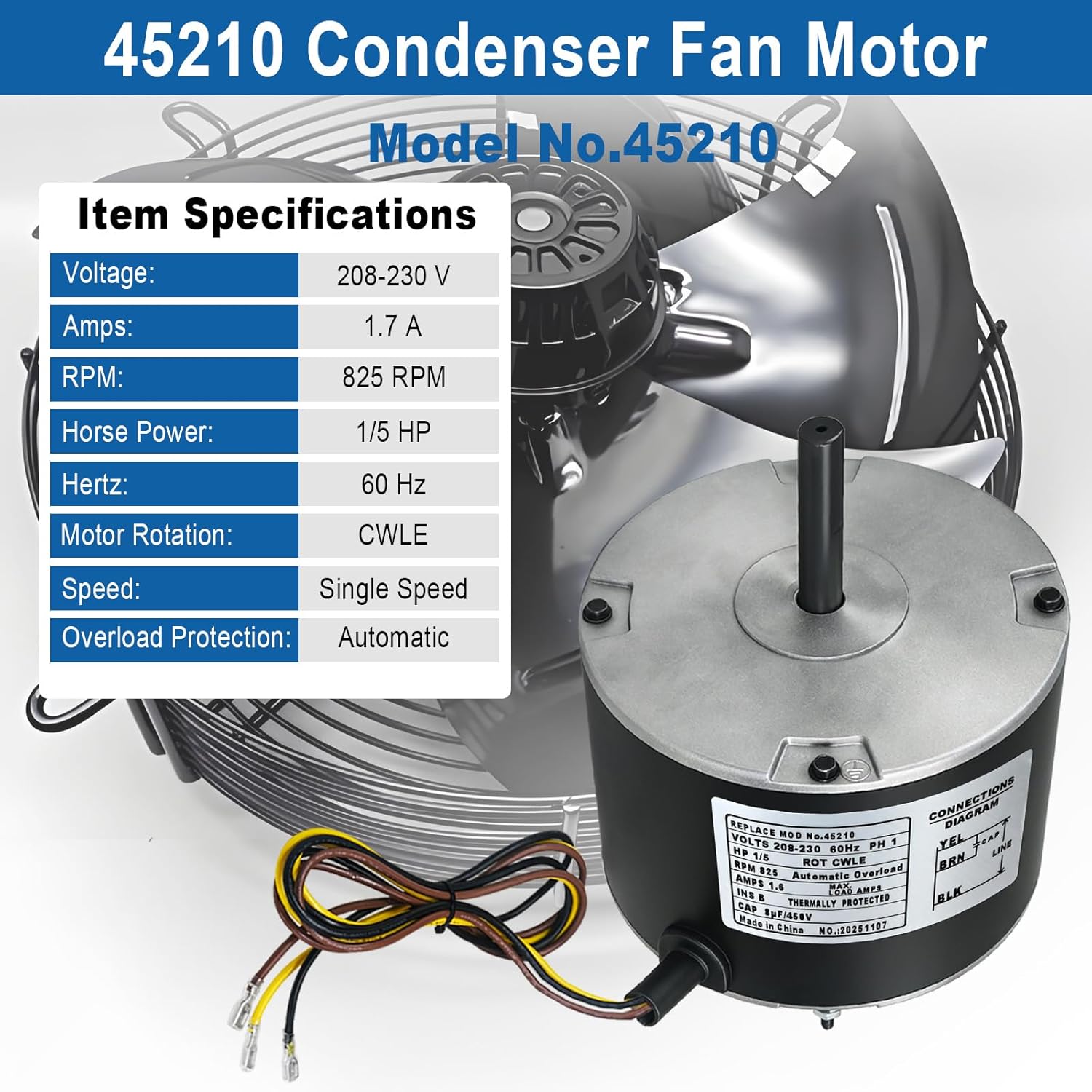 45210 Condenser Fan Motor, 1/5 HP 825 RPM 208-230V AC Condenser Fan Motor Replacement for Carrier Bryant Payne HC37GE210, HC37GE210A, 3S003, 5KCP39GFY917S 5KCP39GFS166S, 6DLL2, 51-23055-12, 622080