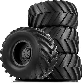 4PCS RC Monster Truck Tires and Hard Plastic Wheels Rims 12mm Hex Rubber Buggy Off Road Tyres with Foam for 110 Scale Truck Car Traxxas VXL 2WD Hoss 4x4 HSP HPI Tamiya Kyosho Black