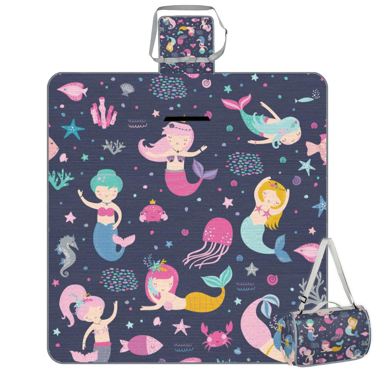Shimoshe Picnic Blankets 57”x 59”, Ocean Animal Mermaid Patterns Waterproof Sandproof Picnic Mat Lightweight Foldable Beach Blanket for Camping Park Grass Beach Outdoor Blanket