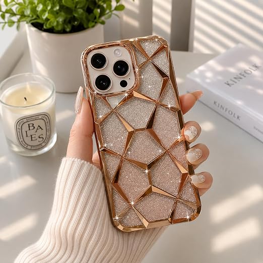VONZEE Gradient Glitter Clear Case for iPhone 16 Pro Max, Luxury Electroplated 3D Cube, Diamond Bling Shiny Soft TPU Clear Shockproof Women Girls Protective Phone Cover (Gold)