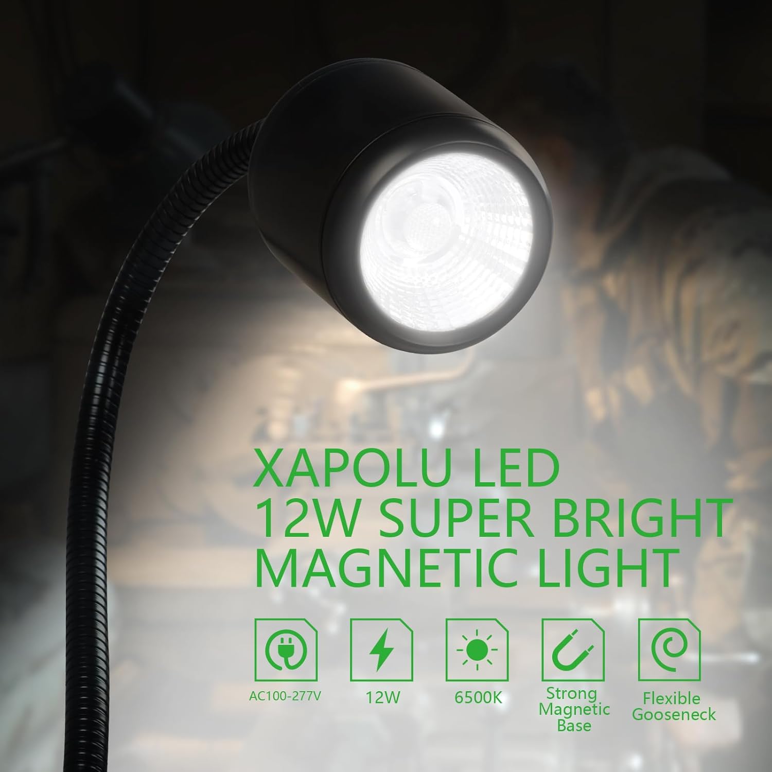 LED Magnetic Work Light with Flexible Gooseneck, 12W 1200 Lumens 6500K 110V US Plug, Machine Lathe Light with Magnetic Base for Sewing Machine, Work Bench, Lathe Workbenches