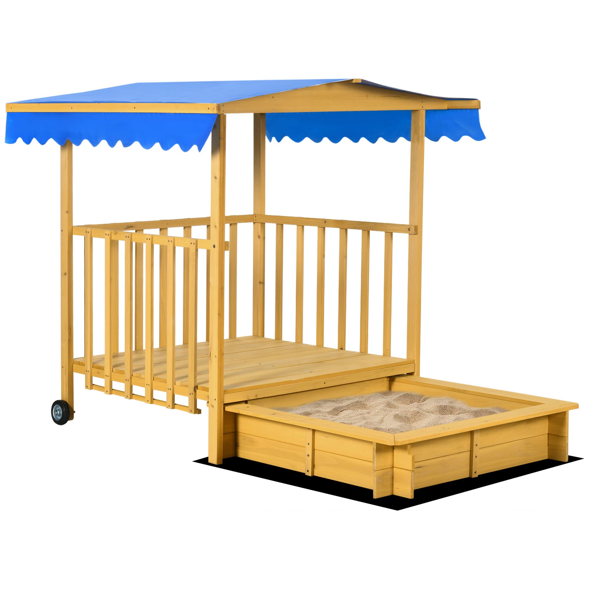 Outsunny Arenero para Niños Veranda de Madera con Techo y Ruedas Cajón de Arena Juego para Niños de 3-8 Años para Jardín Patio 133x129x137,5 cm Natural