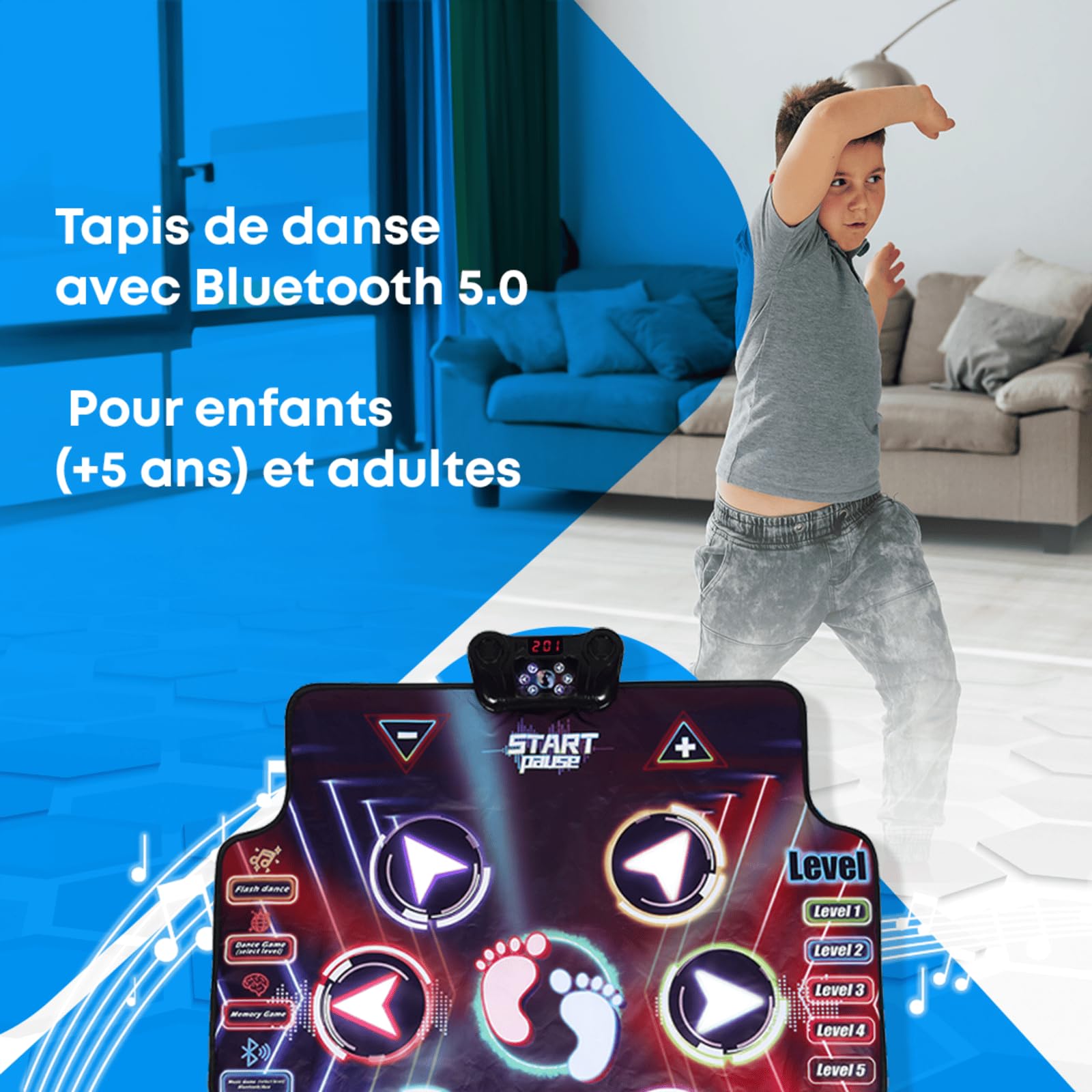 NK Tapis de Danse pour Enfants +5 Annos et Adultes avec Bluetooth 5.0 - Jouet Musical avec 7 Modes de Jeu, Cadeau d'anniversaire Noël, Base Antidérapante et Haut-Parleur à Volume Ajustable (100x89cm)
