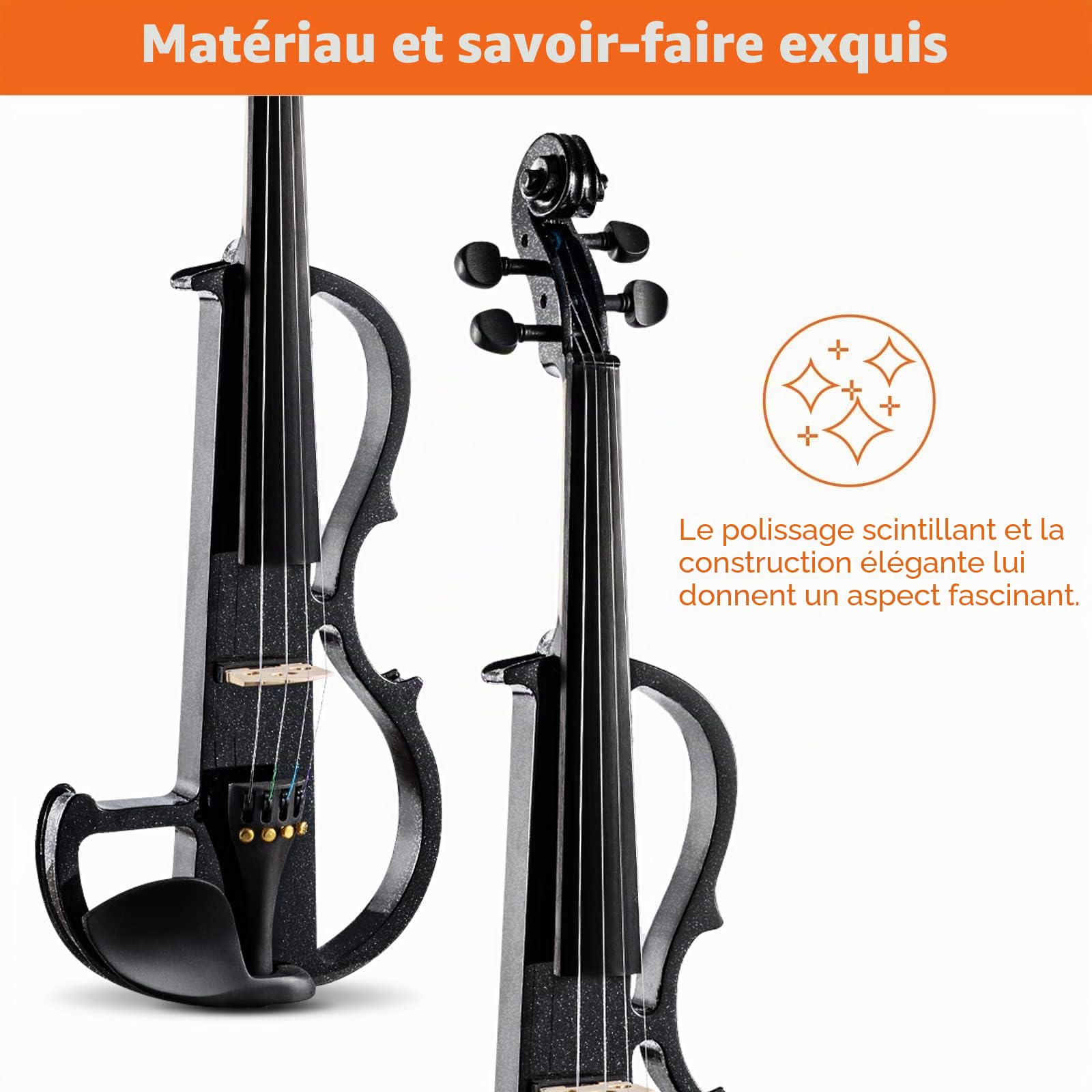 Vangoa Violon Électronique 4/4 Pleine Grandeur Silencieux Bois d'Érable Massif Noir