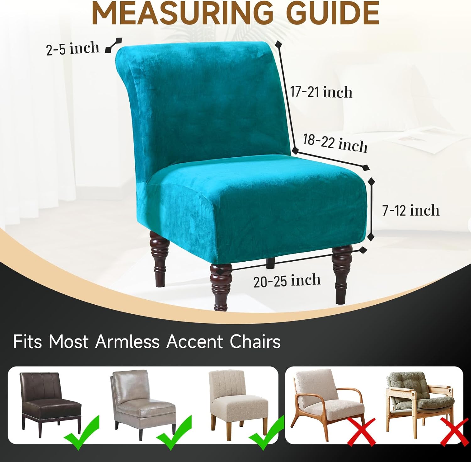Velvet Armless Accent Chair Cover, Soft Stretch Accent Chair Slipcovers Without Arms Removable Armless Chair Furniture Protector Covers for Living Room/Dining Room/Hotel (Peacock Blue, 1)