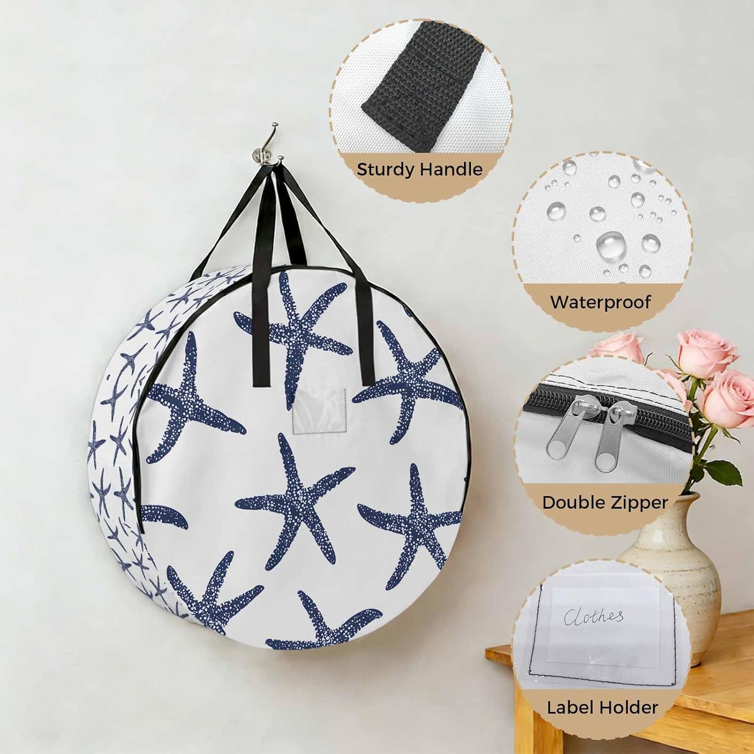 Starfish Round Storage Bag 36 Inch, Ocean Coastal Blue Clothes Storage Container with Handles Heavy Duty Organizer for Comforter, Bedding & Holiday Wreaths