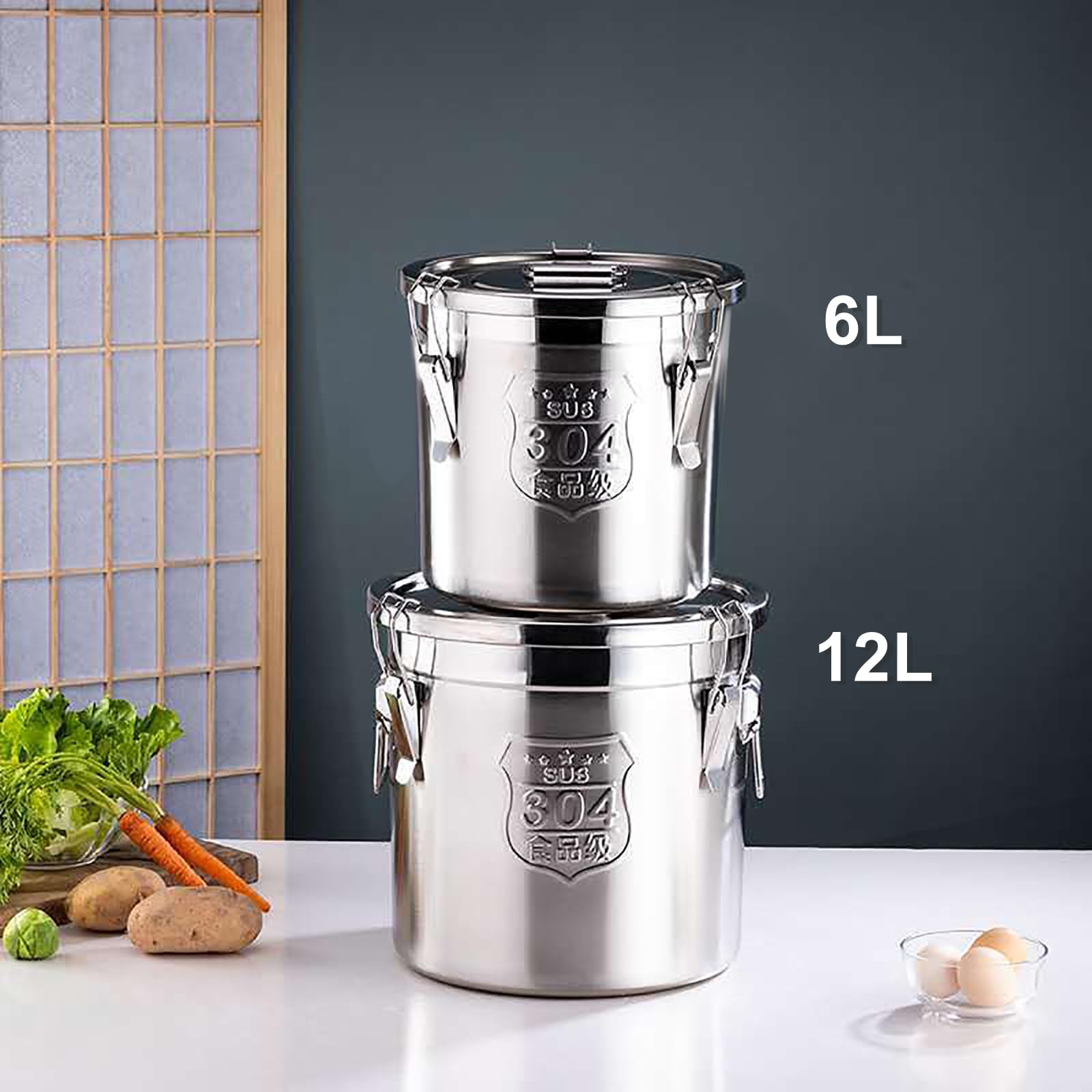 Depósito de cereales de acero inoxidable, 6 L, sistema de cierre de aroma con 3 barras, recipiente hermético para arroz, harina y cereales, incluye asas y anillo de goma