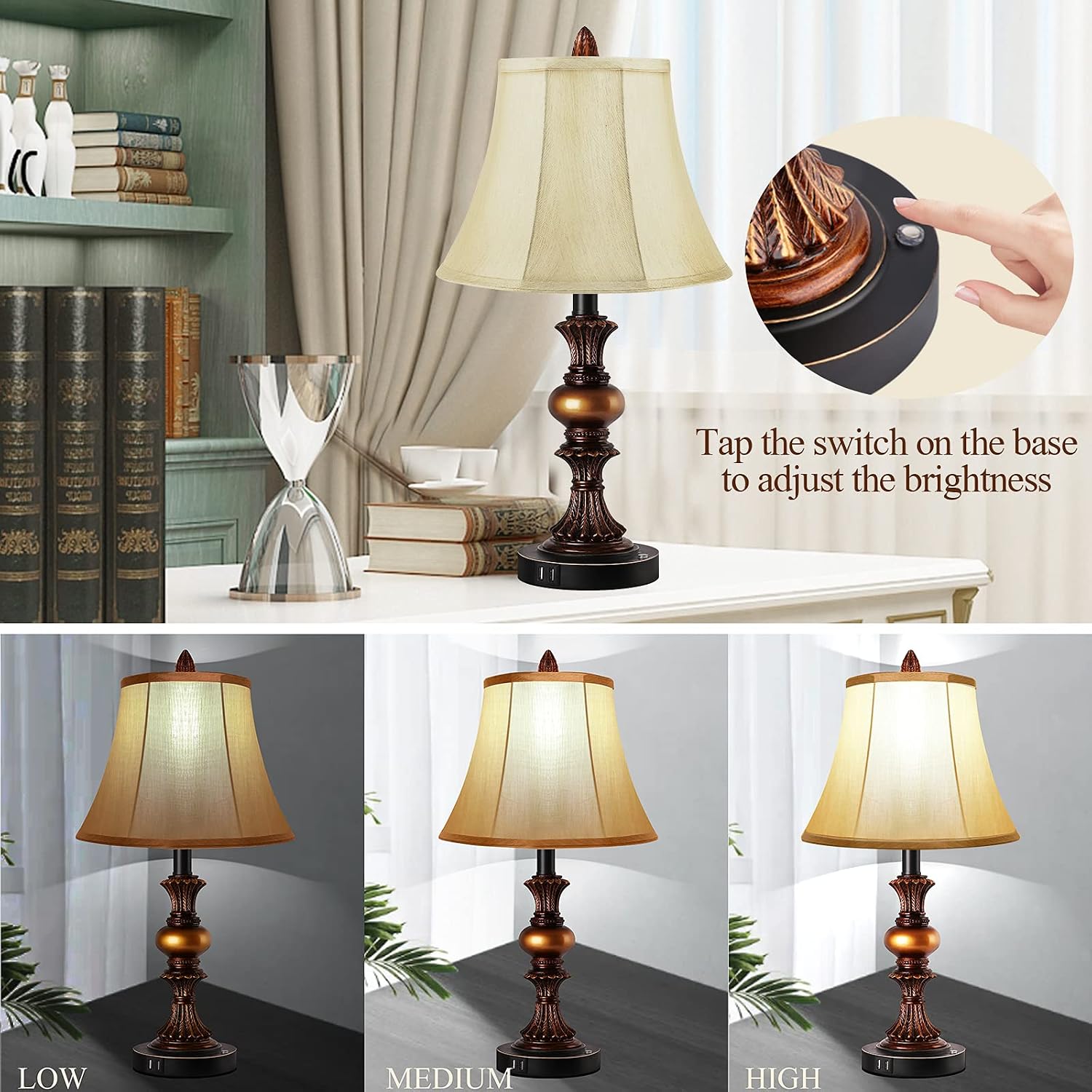 Touch Control Table Lamp Set of 2, 3-Way Dimmable Bedside Nightstand Lamp with 2 USB Charging Ports, Vintage Desk Lamp with Faux Silk Shade for Living Room, Bedroom (Daylight White LED Bulbs Included)