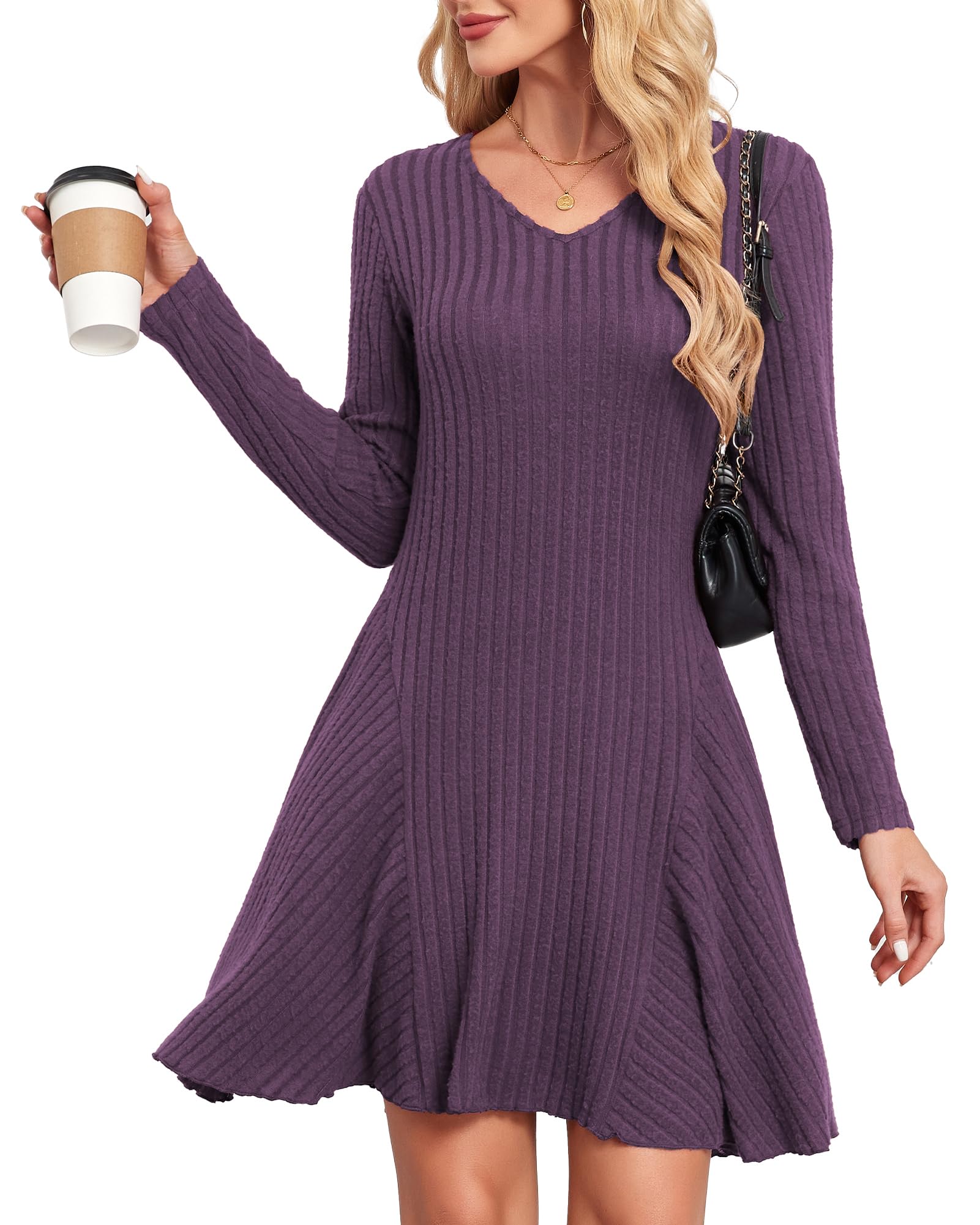 SENBATU Robe tricotée Femmes Automne élégant Pullover Robe Manches Longues col en V vêtements d'hiver