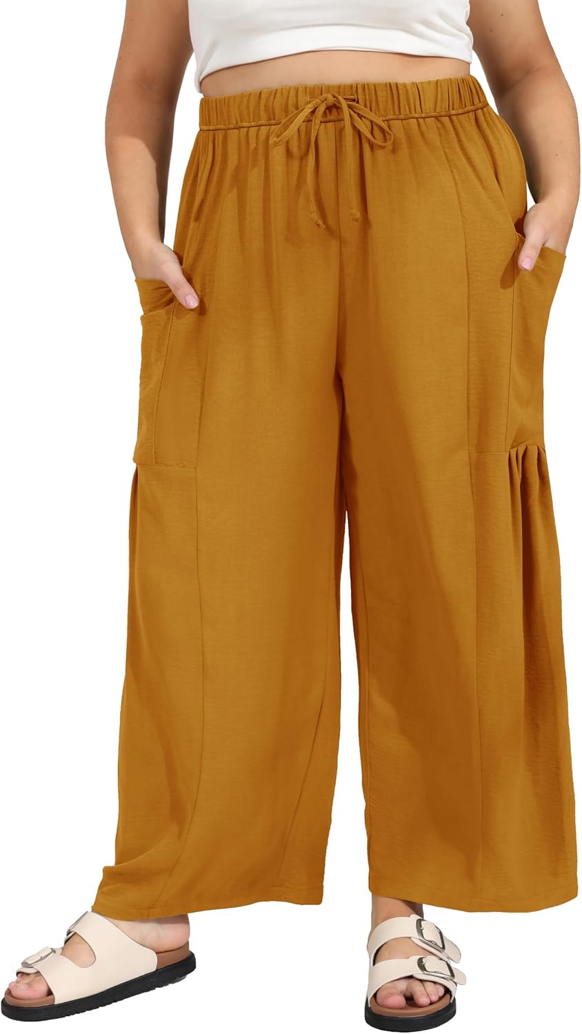 SEKINO Women's Plus Size Wide Leg Palazzo Pants Drawstring Casual Loose Beach Travel Vacation Flowy Lounge Pants with Pockets