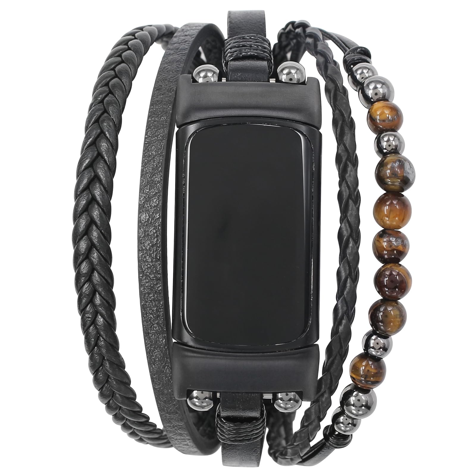 YOSWAN Boho Bracelet Compatible with Fitbit Charge 6 Bands/Charge 5 Bands for Women Men, Dressy Beaded Handmade Multilayer Wrap Leather Strap for Fitbit Charge 5/6 Watch (Beaded Black) — image 1
