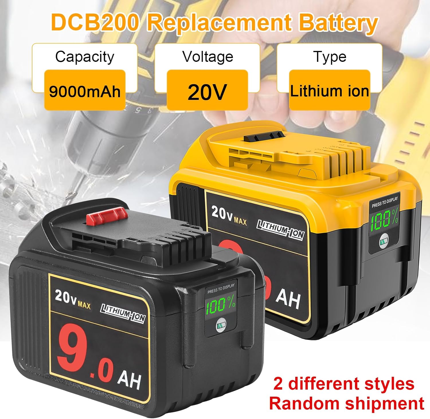 2 Parks 20V 9000mAh Battery Replacement for DeWalt 20V MAX Battery with Digital Indicator Compatible with DeWalt 20 Volt DCB200 DCB201 DCB204 DCB207 DCD/DCF/DCG Series Cordless Power Tools