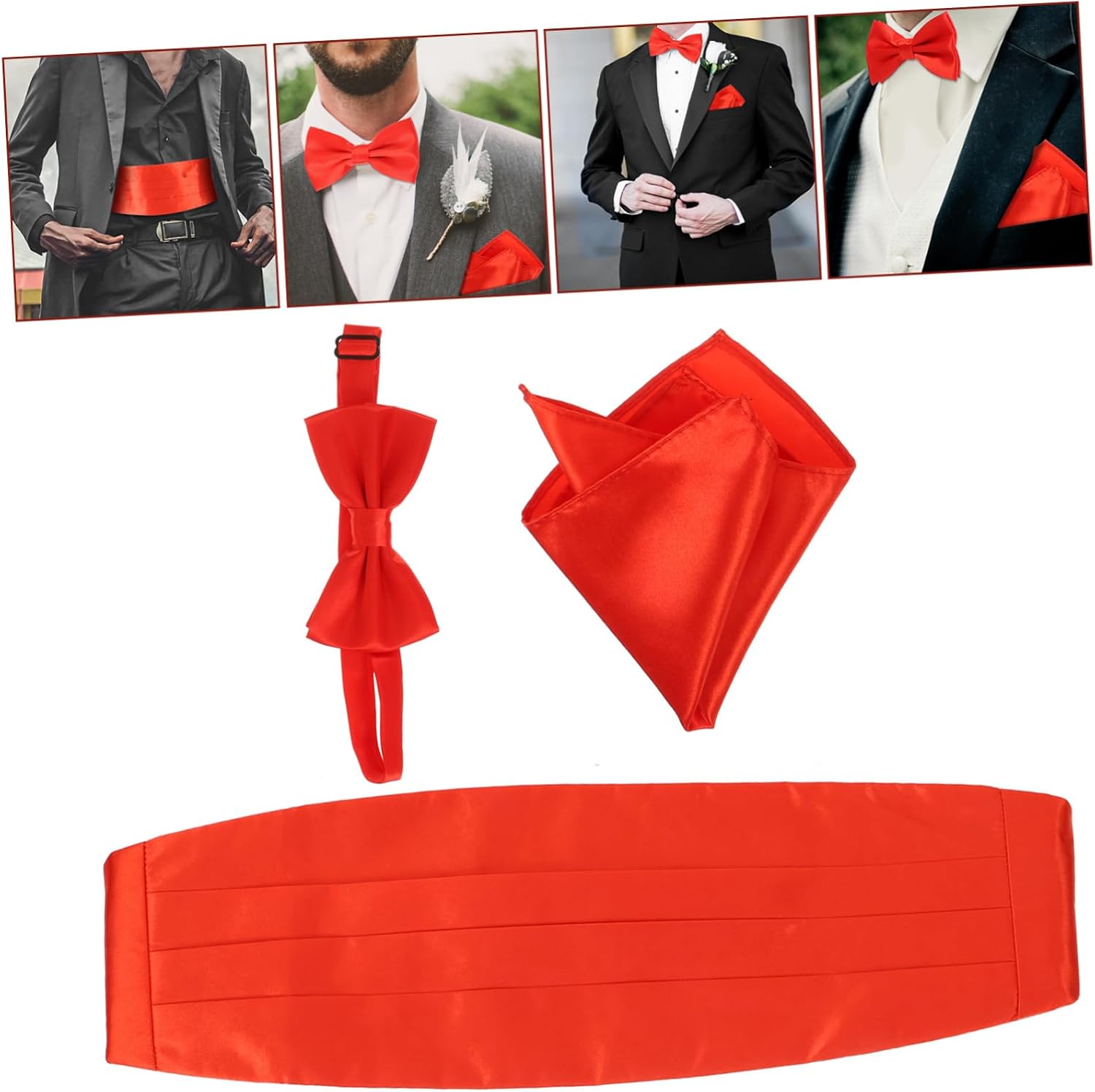BESTYASH 3Pcs Men's Satin Bow Tie Cummerbund Red Tuxedo Accessories for Formal Events Fully Lined with Machine Stitched Borders for Weddings and Evening