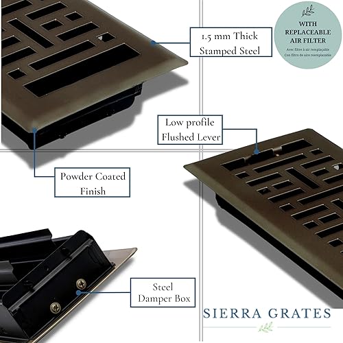 Miniatura 5 de Precision Flow Registro de piso de acero de 4 x 14 pulgadas, diseño metro, acabado de bronce metálico, cubiertas de ventilación prémium para el