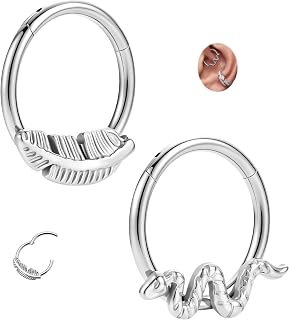 2Pc Titanium Nose Ring Hoops, Implant Grade Septum Clicker for Women | Hypoallergenic 16G Septum Piercing,Cartilage Earrings for Helix Conch Daith Rook Lip Nostril Piercing,Sensitive Skin, 8/10mm