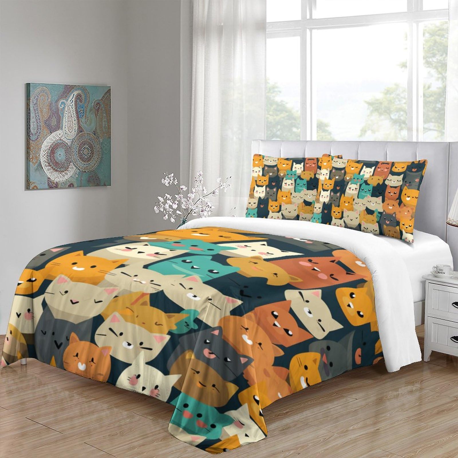 Impresas En 3D Gatos Juego De Ropa De Cama Infantil Microfibra Suave Funda Nórdica Fundas De Almohada 3 Piezas Cierre De Cremallera Double（200x200cm）