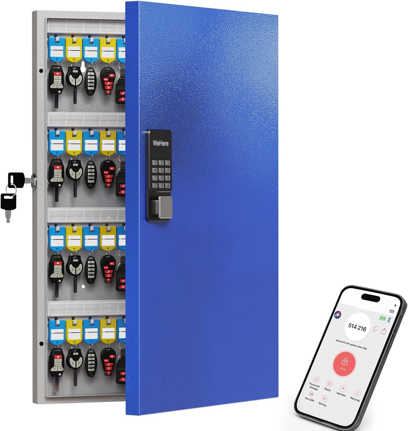 WeHere 96-Key Key Lock Box Wall Mount – Commercial Smart Key Cabinet Organizer with App, One-Time Code, Bluetooth & WiFi Unlock (Sold Separately), Key Management System for School, Rental, Office