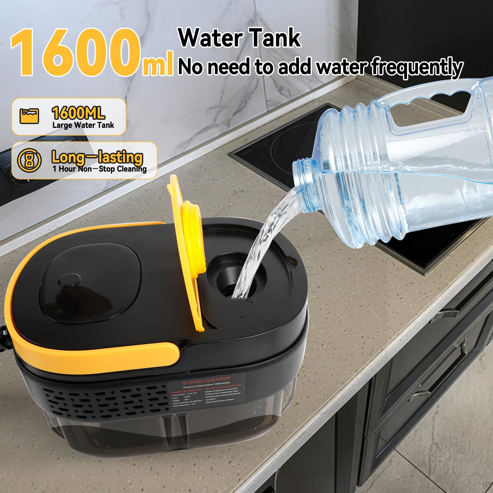 Pulitore a vapore portatile da 2500 W con serbatoio da 1600 ml e 3 livelli di temperatura Pulitore a vapore pressurizzato ad alta temperatura per auto, finestre, cucina, pavimenti e mobili (EU,1)