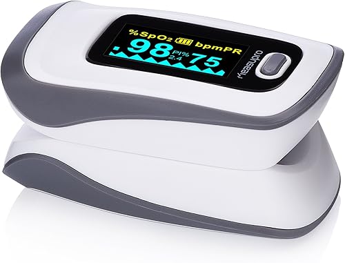 Oxímetro de pulso digital MeasuPro Instant Read, sensor de oxígeno y monitor de frecuencia de pulsos con ajuste de alarma, pantalla OLED color y