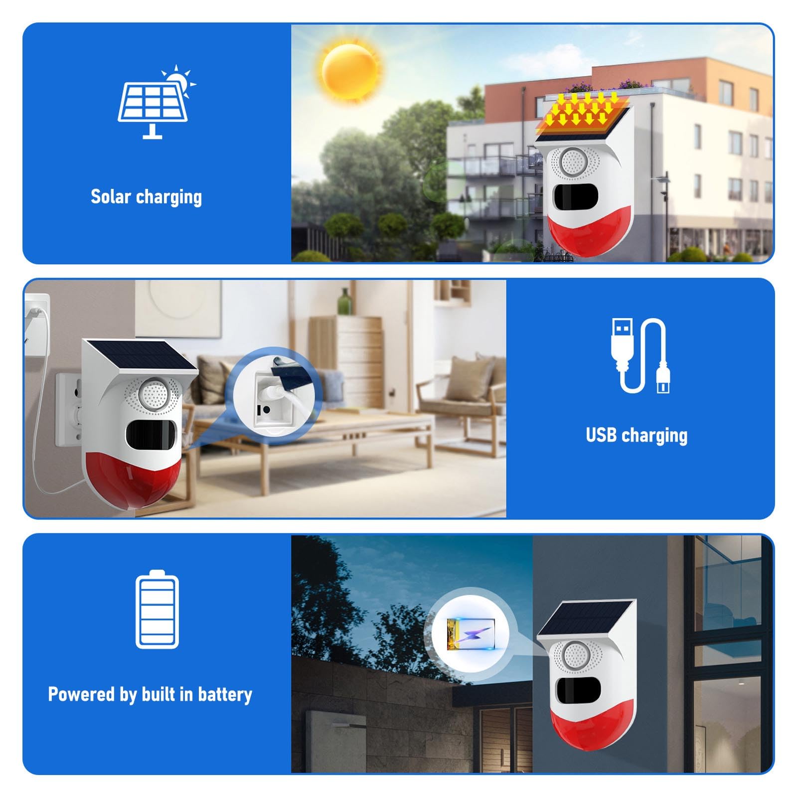 Jectse Sirena con Sensor de Movimiento Solar, Detección de 110°, Alarma de 120 DB, Luz de Seguridad Exterior a Prueba de Agua IP67 con Control Remoto para , Alarma de Detección de