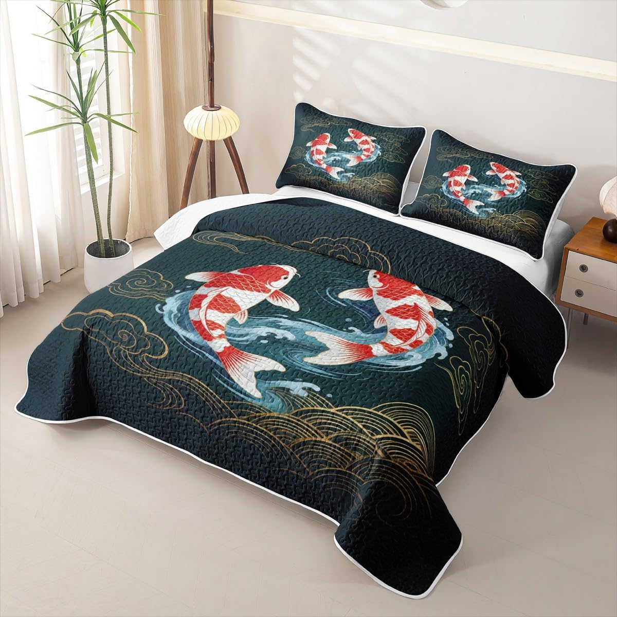 Manfei Koi Fish Quilt Set Queen Size,Japanese Style Quilted Bedspread for Kids,Eastern Ink Painting Quilted Coverlet with 2 Pillow Sham,Navy Blue Bed Covers for All Season