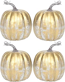 6 Inch Mid Gold Plastic Pumpkins for Decorating - 4PCS Mid Large Decorative Foam Pumpkins for Fall Decor, Artificial Plastic Pumpkins Perfect for Halloween Decor Thanksgiving Table Decor