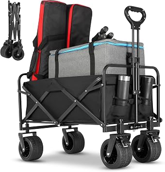 EVLIQUIL Beach Wagon,Collapsible Foldable Wagon Cart with Big Wheels,Utility Folding Grocery Lounge All Terrain Wagon with Side Pocket and Brakes for Sand Camping Sports OutdoorBlack.