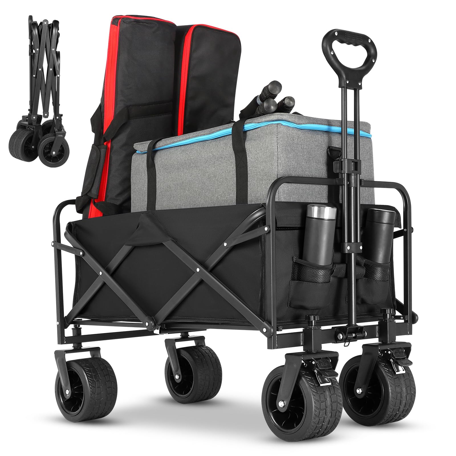 Beach Wagon,Collapsible Foldable Wagon Cart with Big Wheels,Utility Folding Grocery Lounge All Terrain Wagon with Side Pocket and Brakes for Sand Camping Sports Outdoor(Black).-image-9