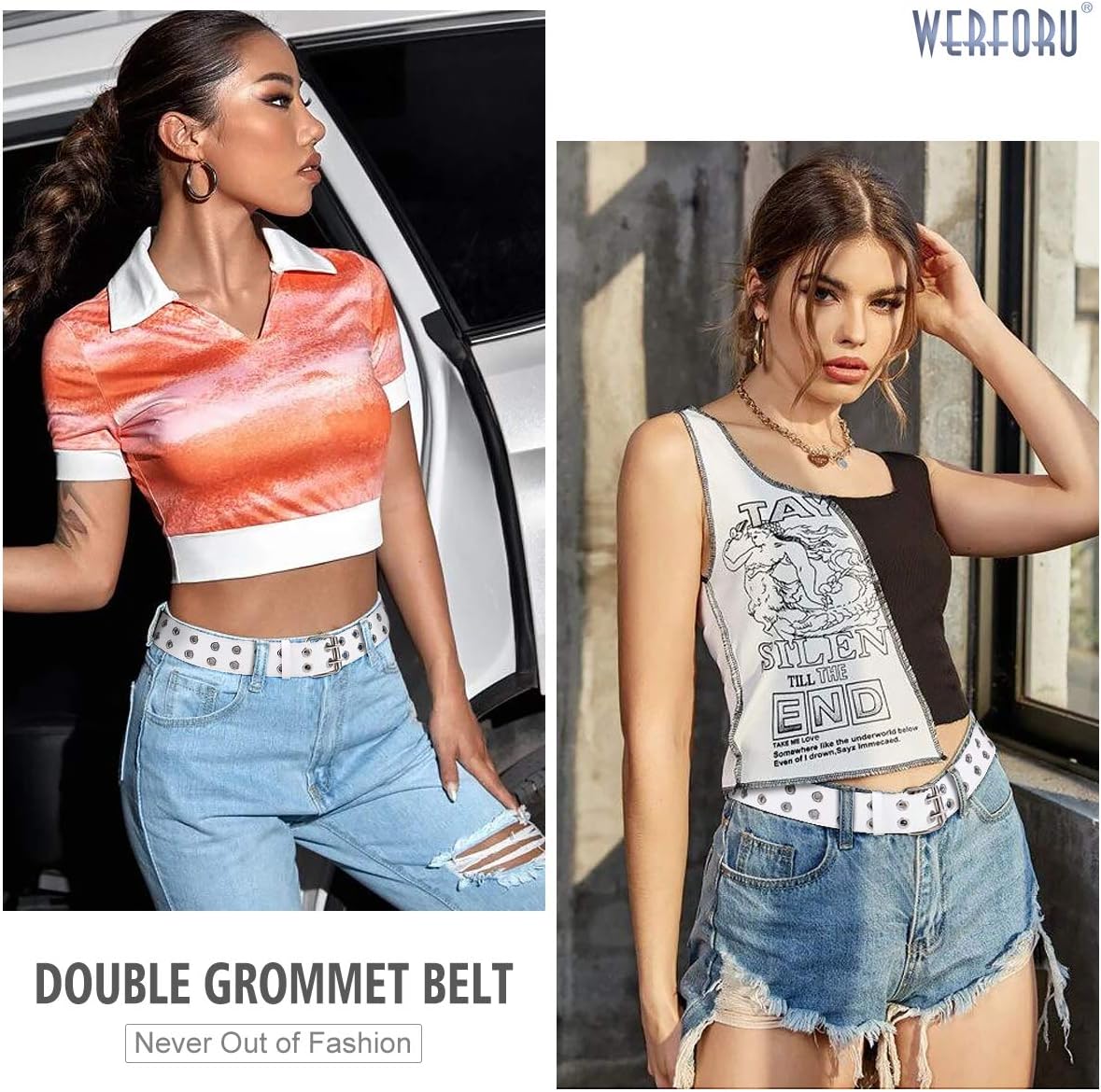 WERFORU Double Grommet Belt PU Leather Punk Belt for Women Men Jeans 2 Hole Belts 1.5 Wide - Image 2