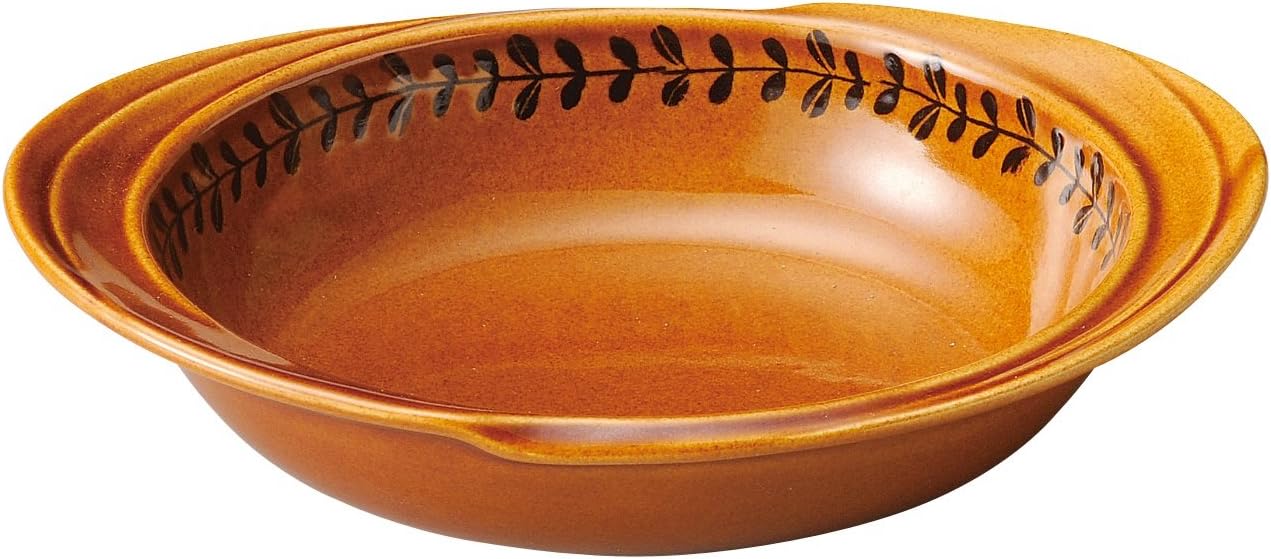 Banko Ware 15975 Oven-Safe Au Gratin Dish (Round), Leaf Line, American Diameter Approx. 8.1 inches (20.5 cm), Tableware, Pottery, Microwavable, Made in Japan