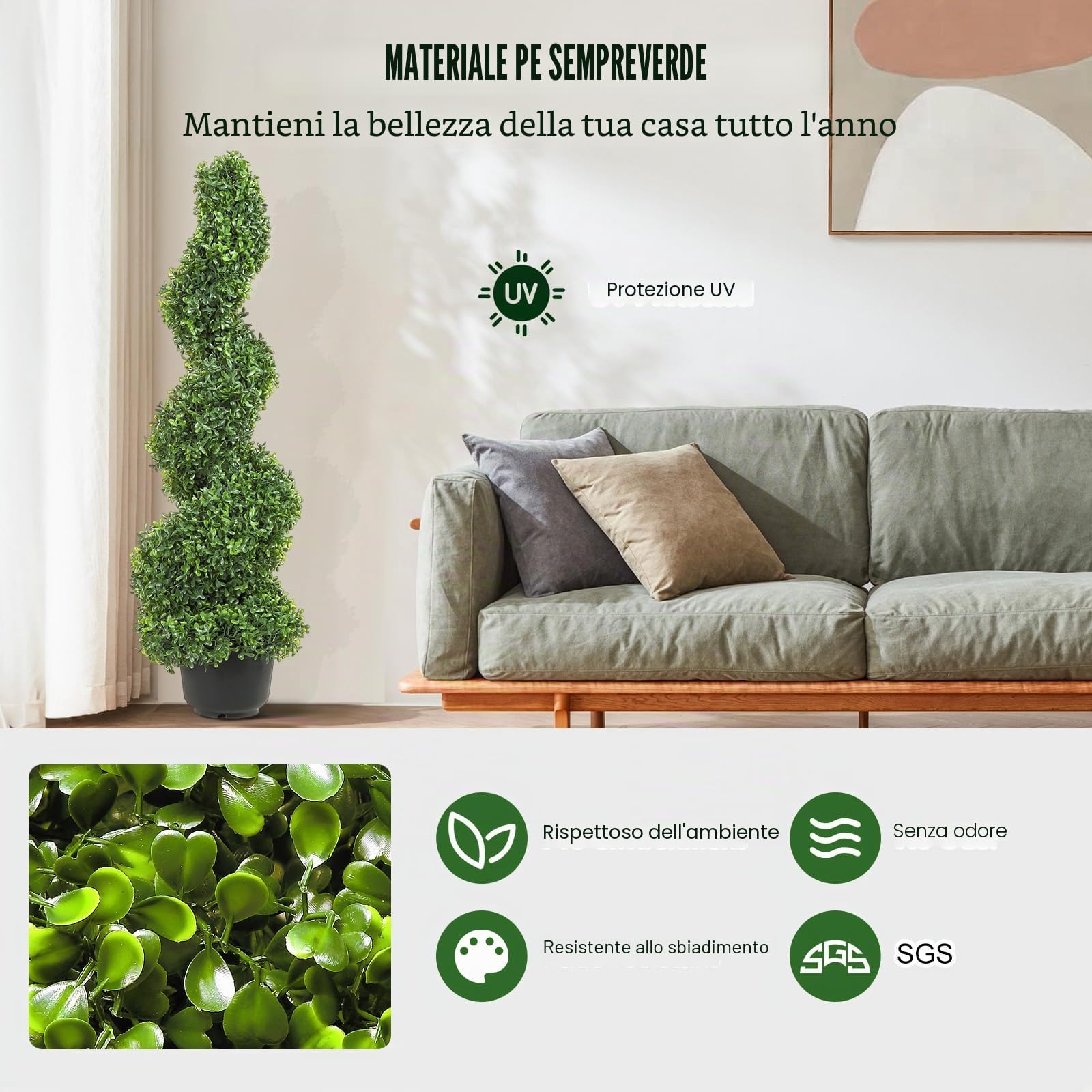 VEVOR Pianta Artificiale in Bosso a Spirale 2 Alberi Totale 91 cm Topiaria Decorativa Piante Finte in PE con 10 Foglie di Ricambio, per Decorazione Interno Esterno Giardino Terrazzo Balcone Ingresso