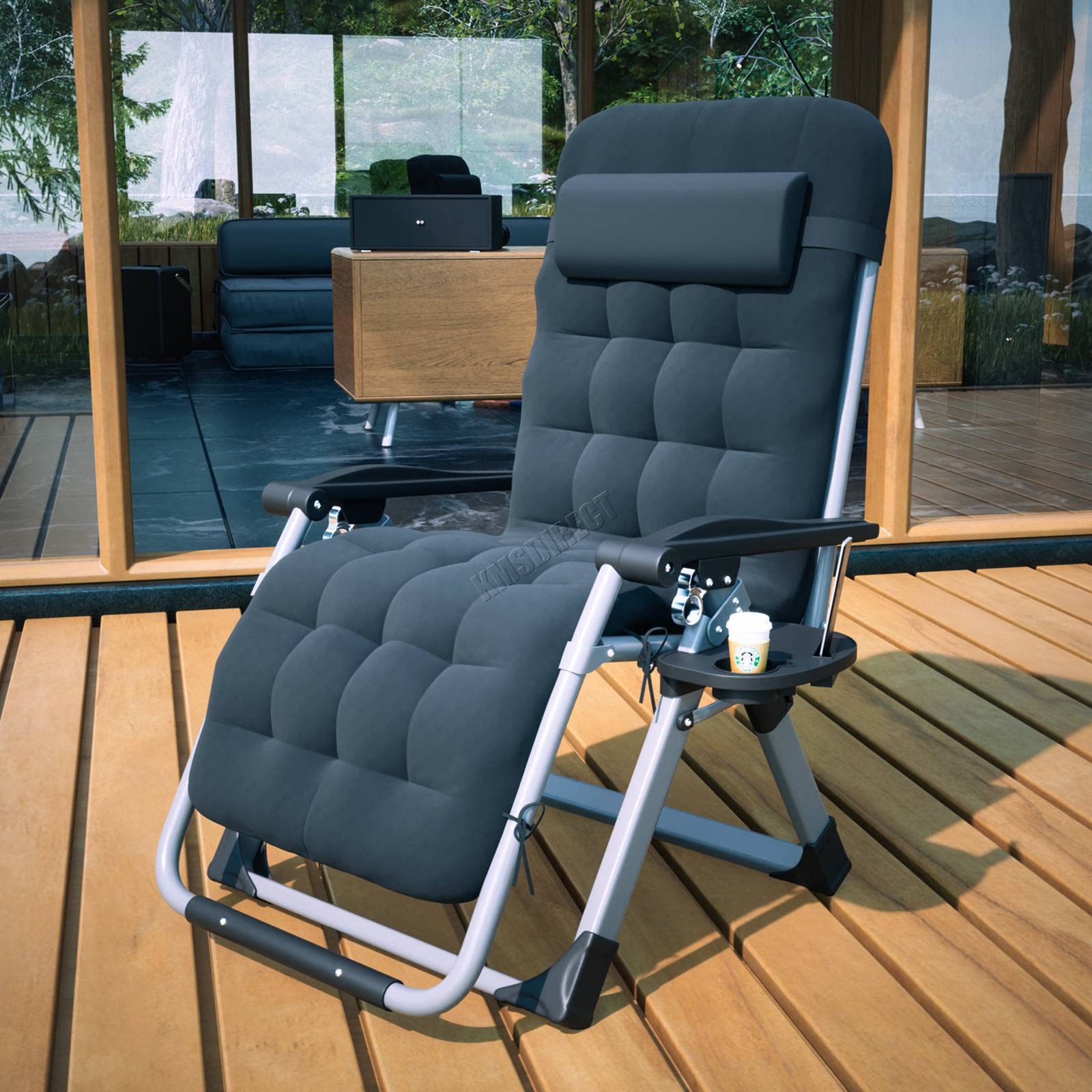 BIRCHTREE Sun Recliner Adjustable Folding Lounge With Thick Cushion Foot Cover Patio Deck Cup Drink Holder Garden Beach Textilene Head Rest Chairs Black