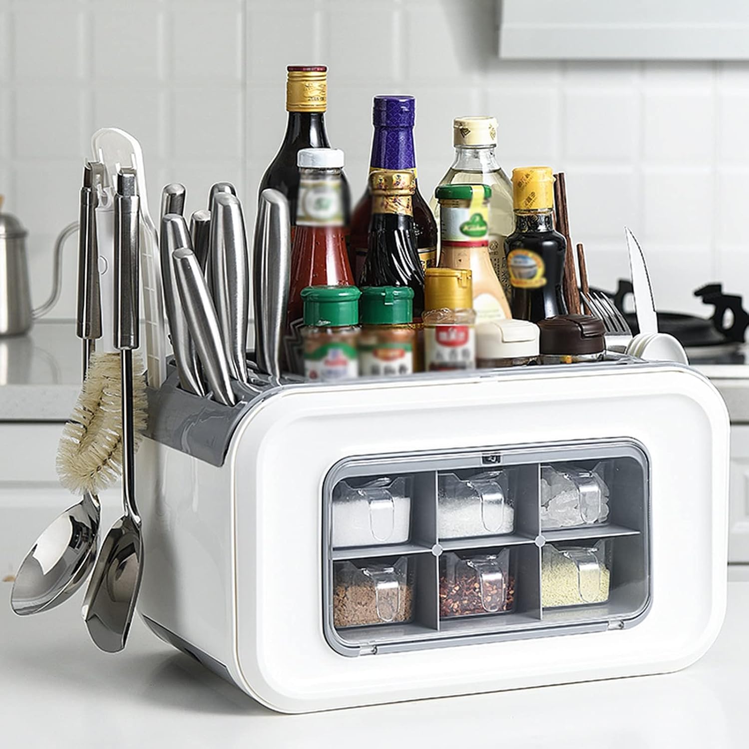 Multifunctional Kitchen Spice Box, Knife Rack Chopstick Cage Condiment Storage Box Large-Capacity Seasoning Box Spice Assortment Box for Storing Kitchen Utensils (Color : Gray)