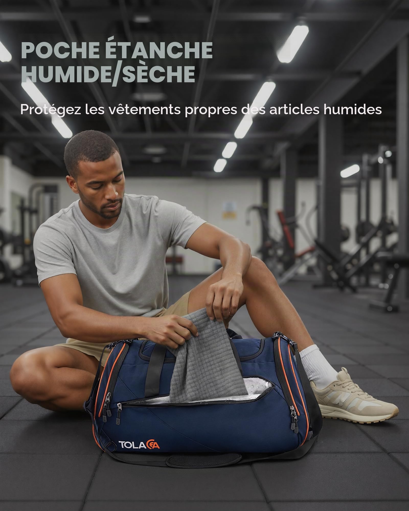 Tolaccea Sac de Sport Homme 47L avec Compartiments Chaussures et Humide | Oxford RPET déperlant | Sac Duffel convertible 3-en-1 | Compartiment chaussures & humide | Laptop 15,6" | Porte-bouteille