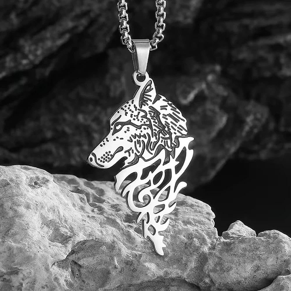 Men's Necklace Jewelry Nordic Mythology Celtic Wolf Animal Necklace Direwolf Head Pendant Men Trendy Casual Charm Jewelry Gift