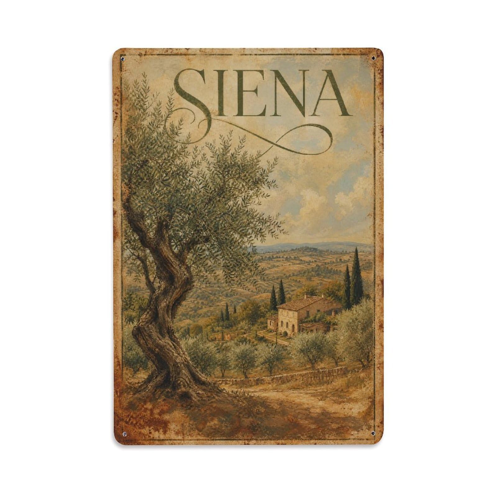 Huiyhb 8X12inch(20X30cm) Vintage Travel Siena Countryside Olive Trees Landscape Metal Tin Sign