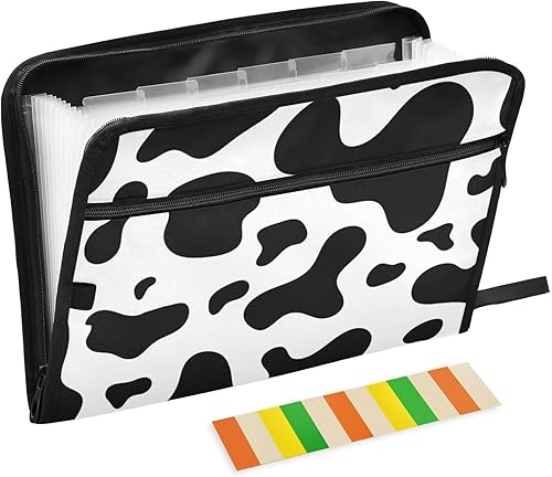 Carpeta expandible con estampado de piel de vaca, 13 bolsillos, organizador de archivos de acordeón con etiquetas adhesivas, cremallera, organizador