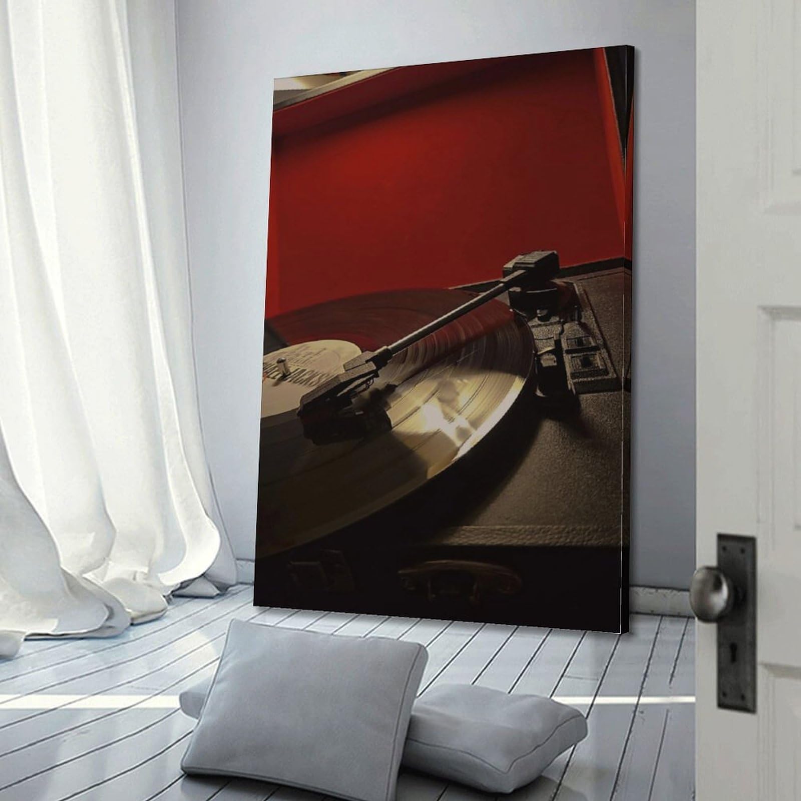 Gramofon z płytą winylową w obudowie z czerwoną podszewką sztuka ścienna, retro muzyka dekoracja do domu i salonu plakat dekoracyjny obraz płótno plakaty ścienne i obraz artystyczny druk nowoczesny