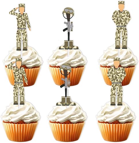 18 piezas de camuflaje con purpurina de soldado militar silueta de postre para decoración temática de guerra, suministros de decoración de fiesta de