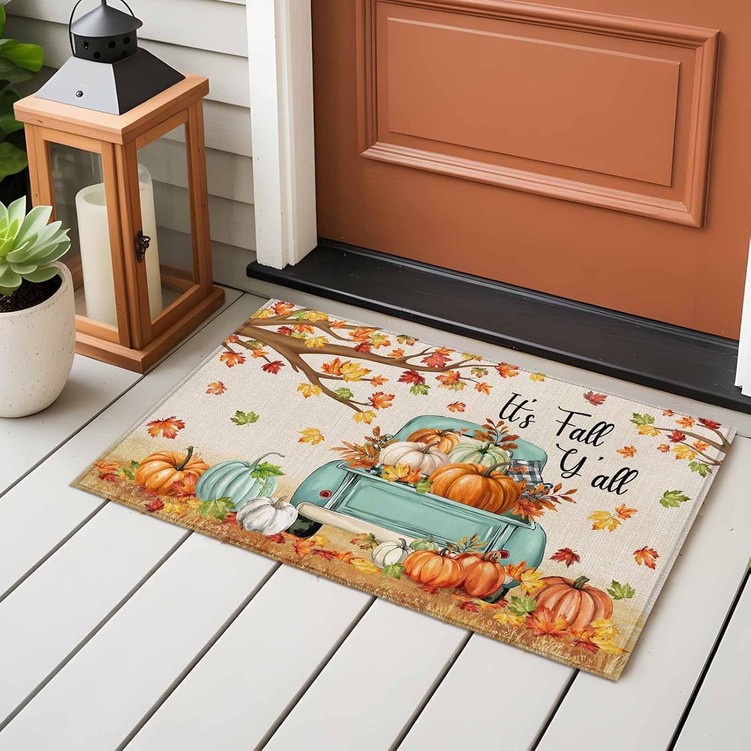 Fall Pumpkin Entryway Area Rug 2'x3', Autumn Maple Leaf Retro Farmhouse Truck Indoor Door Mat Non Slip Kitchen Rug Runner, Washable Small Floor Mat Carpet for Bathroom