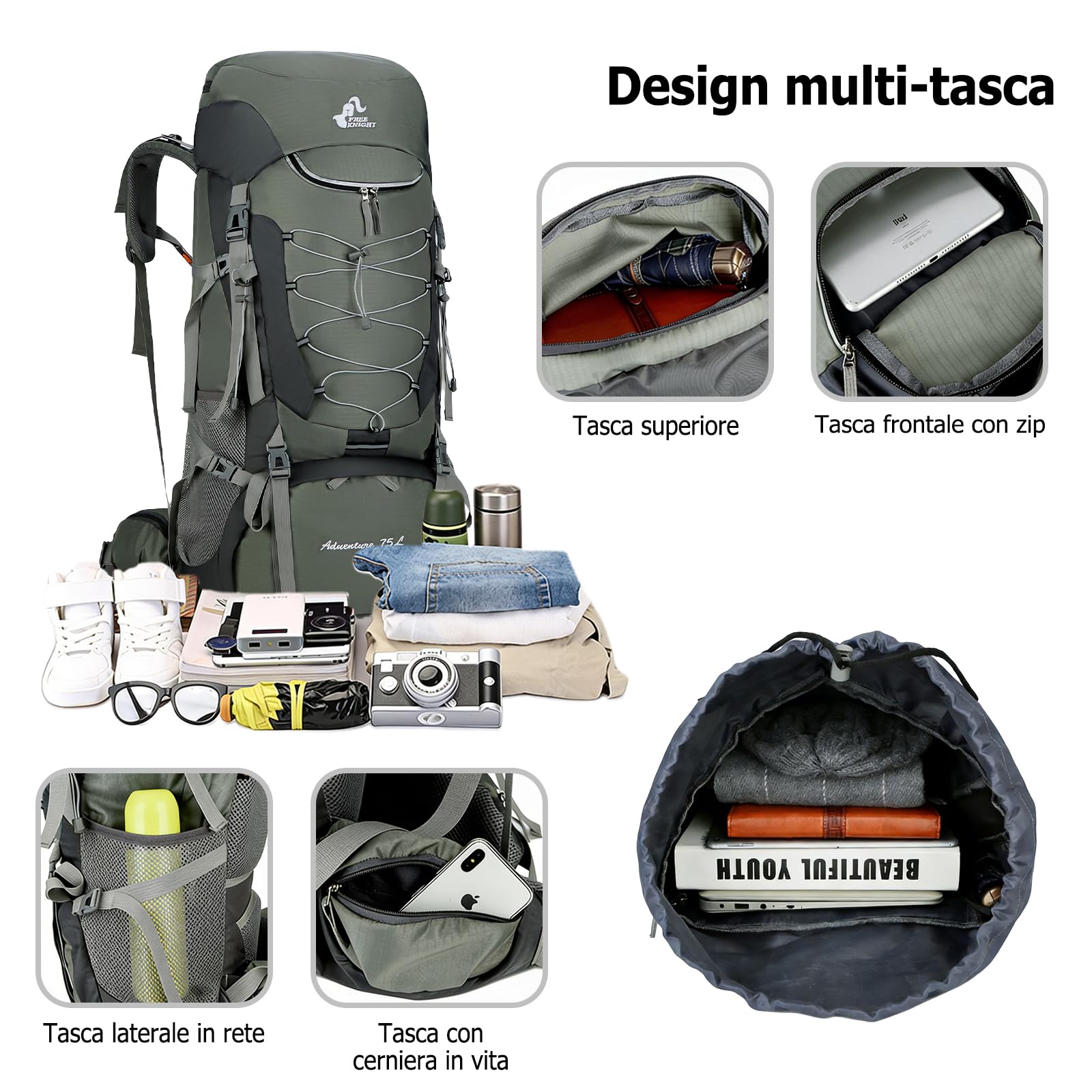 75L Zaino da Trekking Zaino Grande Zaini Resistente con Copertura per la Pioggia Donna Uomo Backpack per Escursionismo Campeggio Arrampicata Viaggio Nero