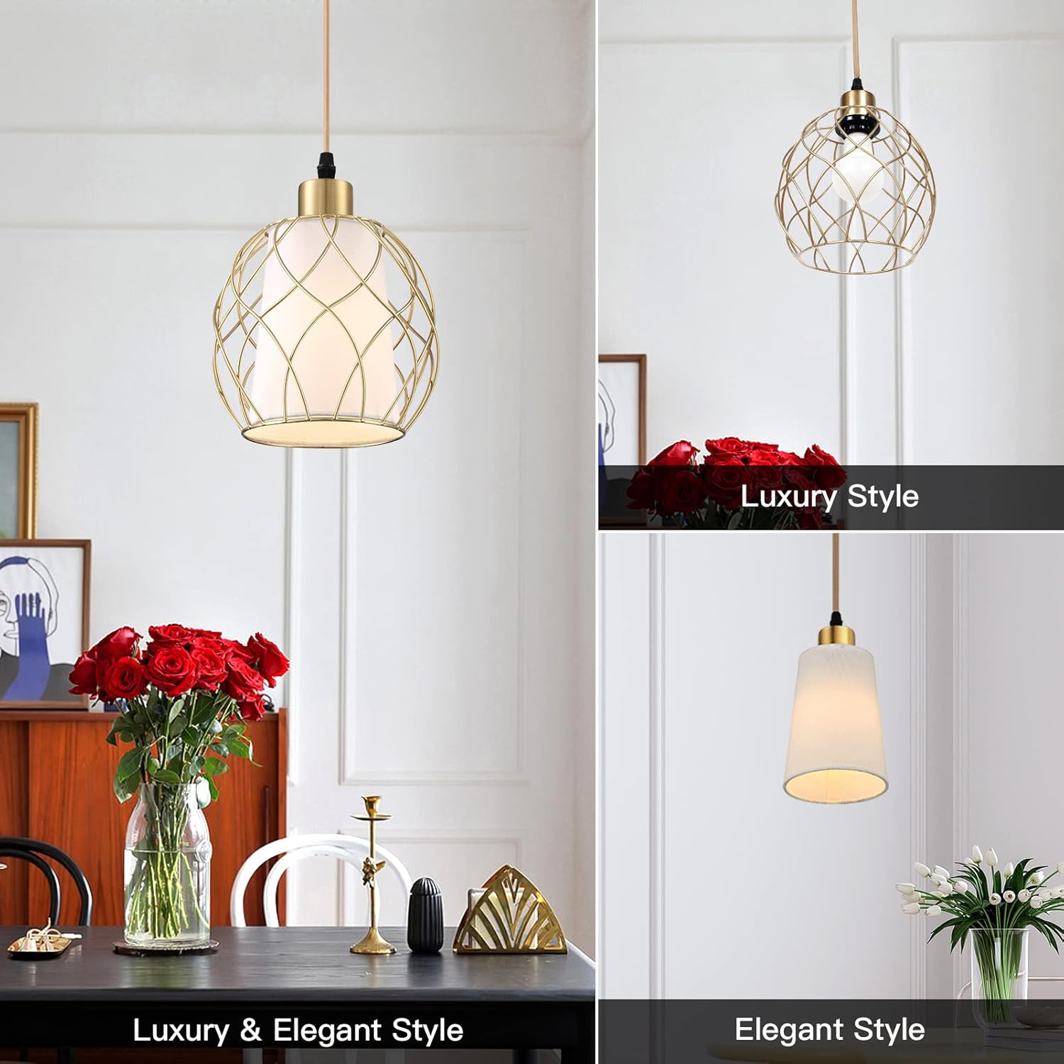 Plug in Pendant Light, Gold Hanging Lamp with Dimmable Switch, 15 ft Golden Cotton Cord, Hanging Light Fixture for Kitchen, Living Room, Bedroom (Bulb Included)