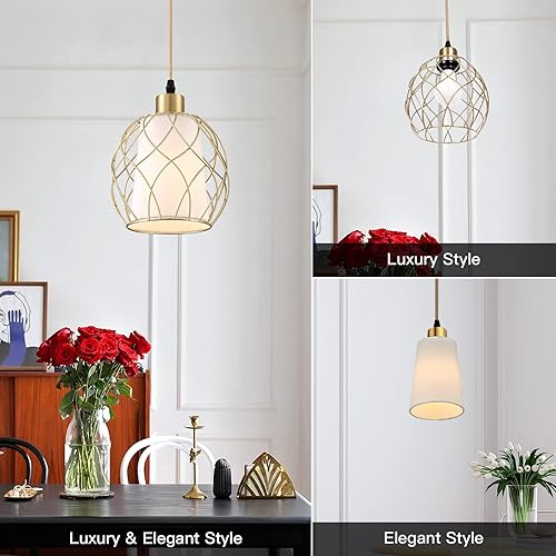 Miniatura 2 de Lámpara colgante enchufable, lámpara colgante dorada con interruptor regulable, cable de algodón dorado de 15 pies, lámpara colgante para cocina,