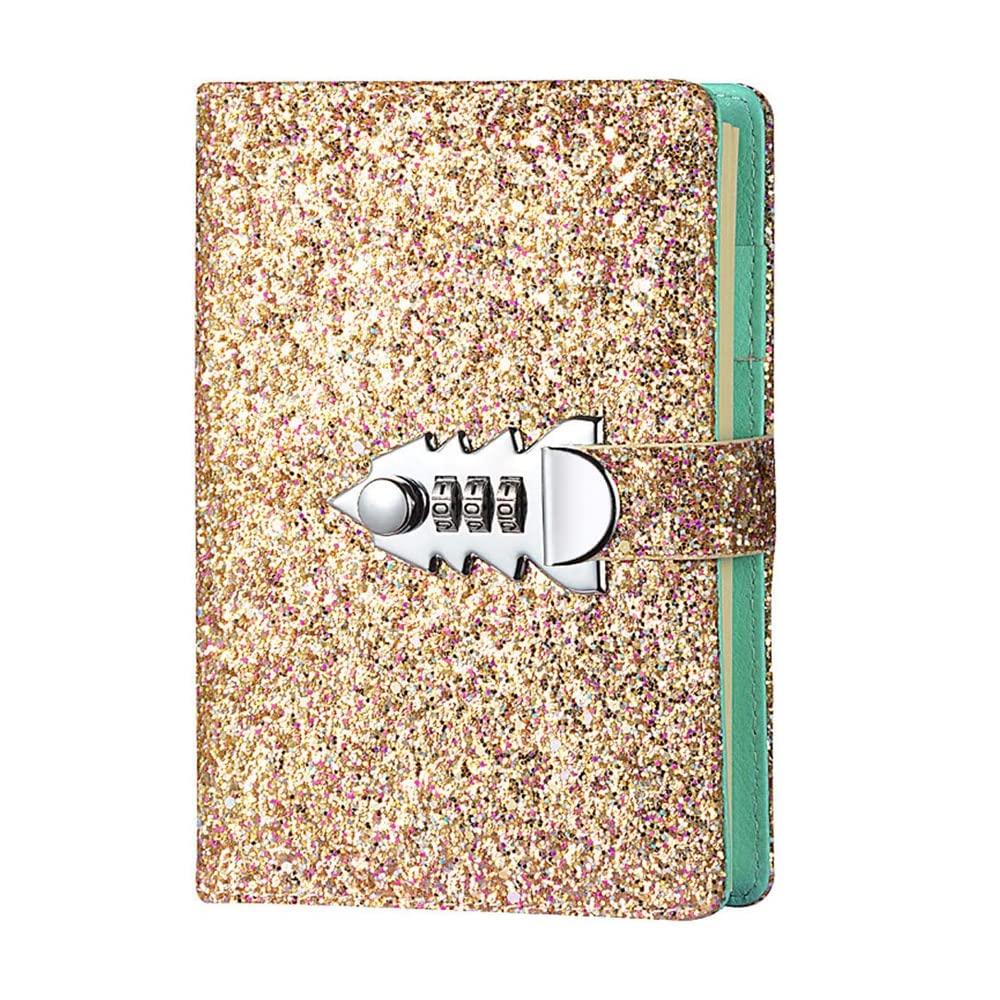 Lock Journal with PU Leather Cover, A6 Lockable Refillable Binder Notebook with Pen Holder and Card Slots, Secret Diary Planner Notepad for School Business Girls [Glitter Gold]
