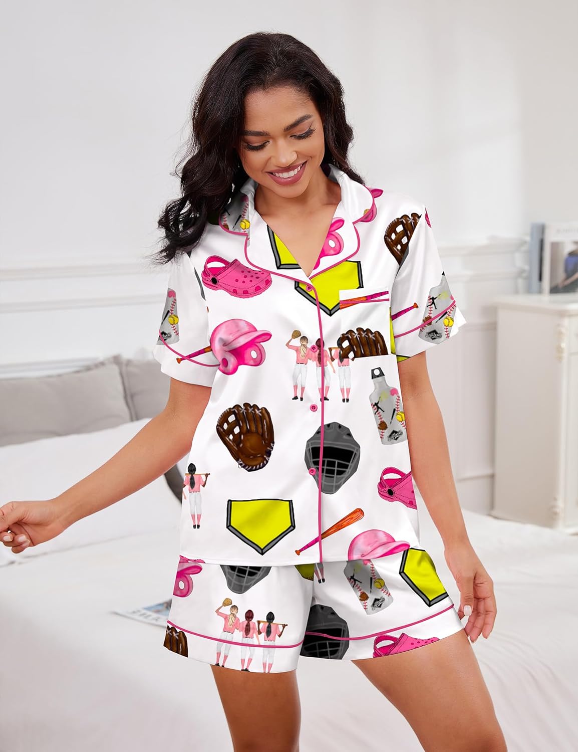 SHESHOW Pajamas for Women Set Satin Button Down Short Sleeve Top and Shorts Pjs Sets Sport Ball Print Sleepwear XS-XXL
